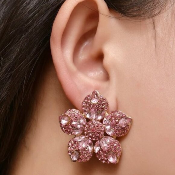 Stainless Steel Rhinestone Flower Shape Baby Pink Color Stud Earrings for Women - Picture 1 of 2